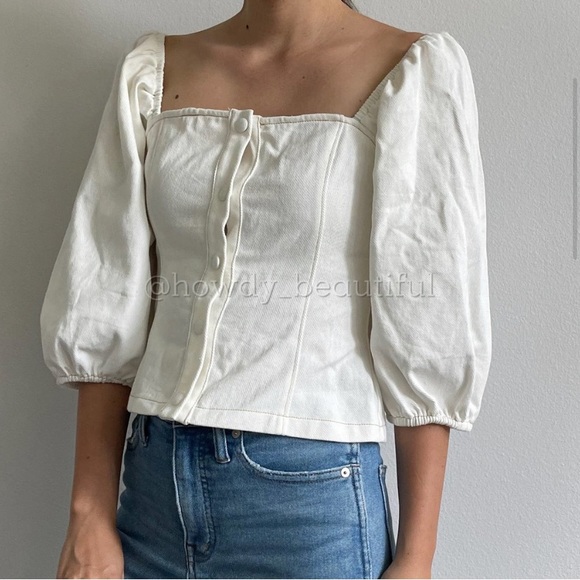 Lush front button square neck balloon sleeve crop - Picture 4 of 8